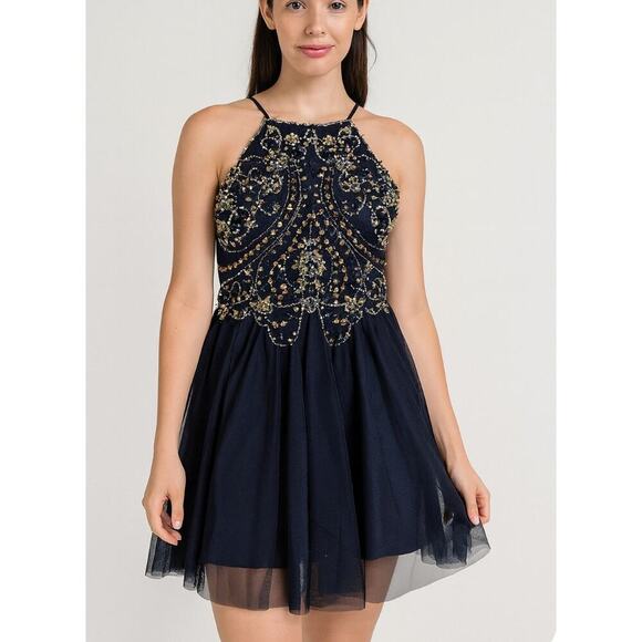 Blondie Nites Halter Beaded Gown Dress Navy Blue Lace Short fit flare SZ 5 mini - Picture 1 of 10